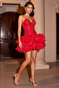 Sparkly Corset Red Sequined Short Homecoming Dress with Ruffles
