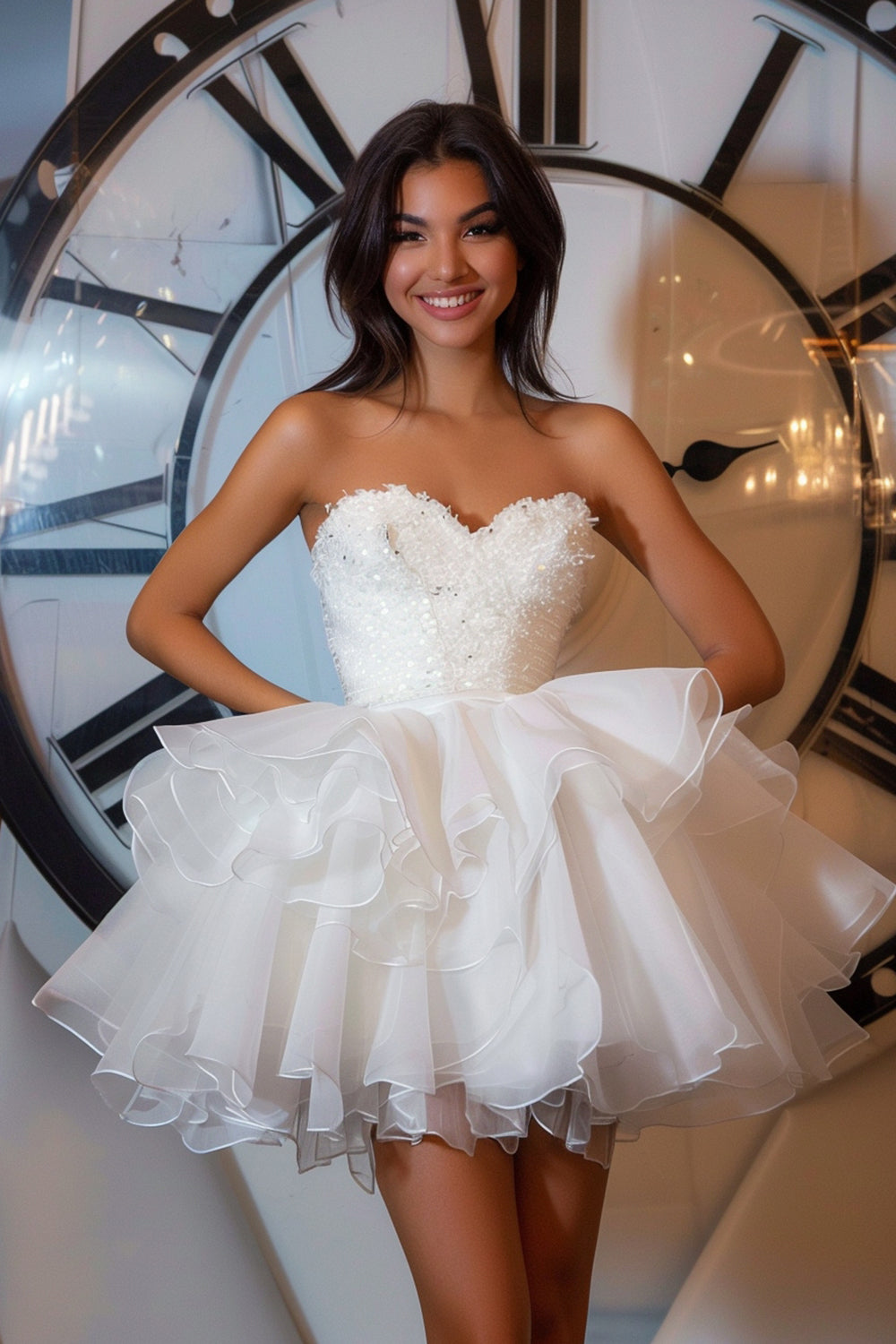 White Ruffled Sweetheart Short Sparkly Homecoming Dress with Sequins