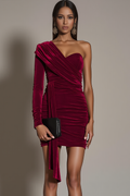 Burgundy Ruched Asymmetrical Neck Short Holiday Party Dress