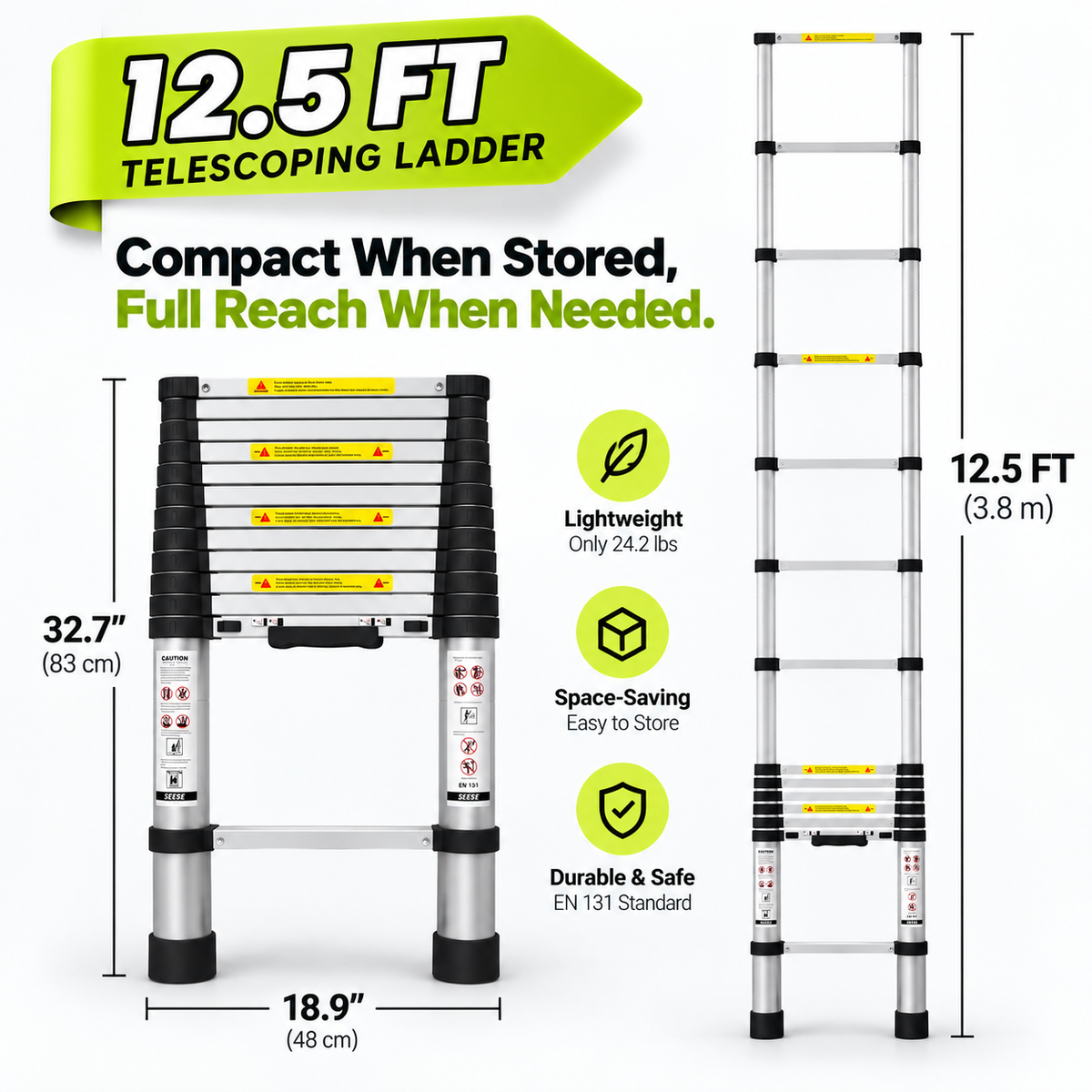 12.5 FT Heavy-Duty Telescoping Ladder – Portable Aluminum Extension Ladder, 330 lbs Capacity
